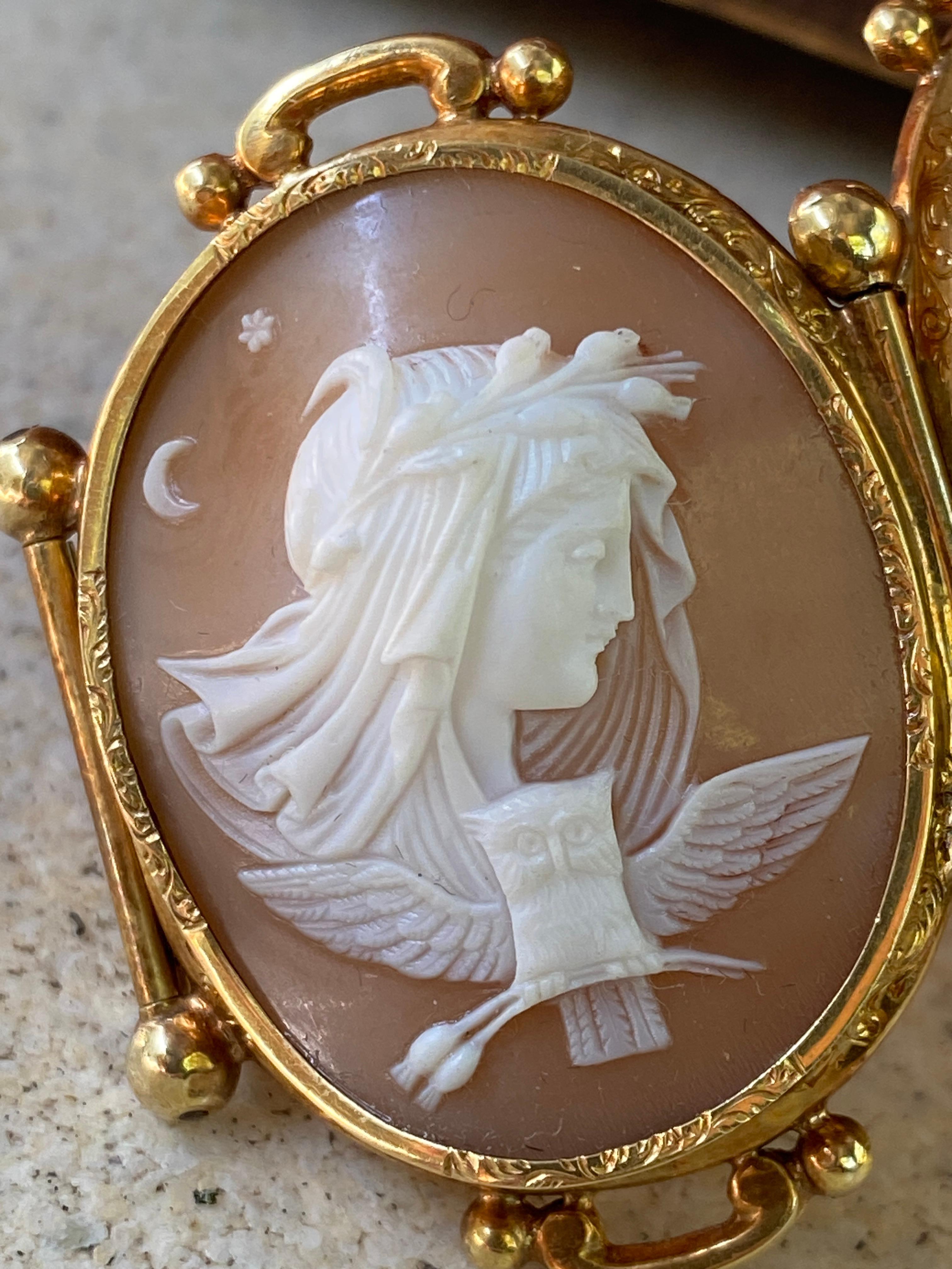 Women's 14k Yellow Gold Greek Gods BACCHUS, NYX, HEMERA Hand Carved Shell Cameo Bracelet For Sale