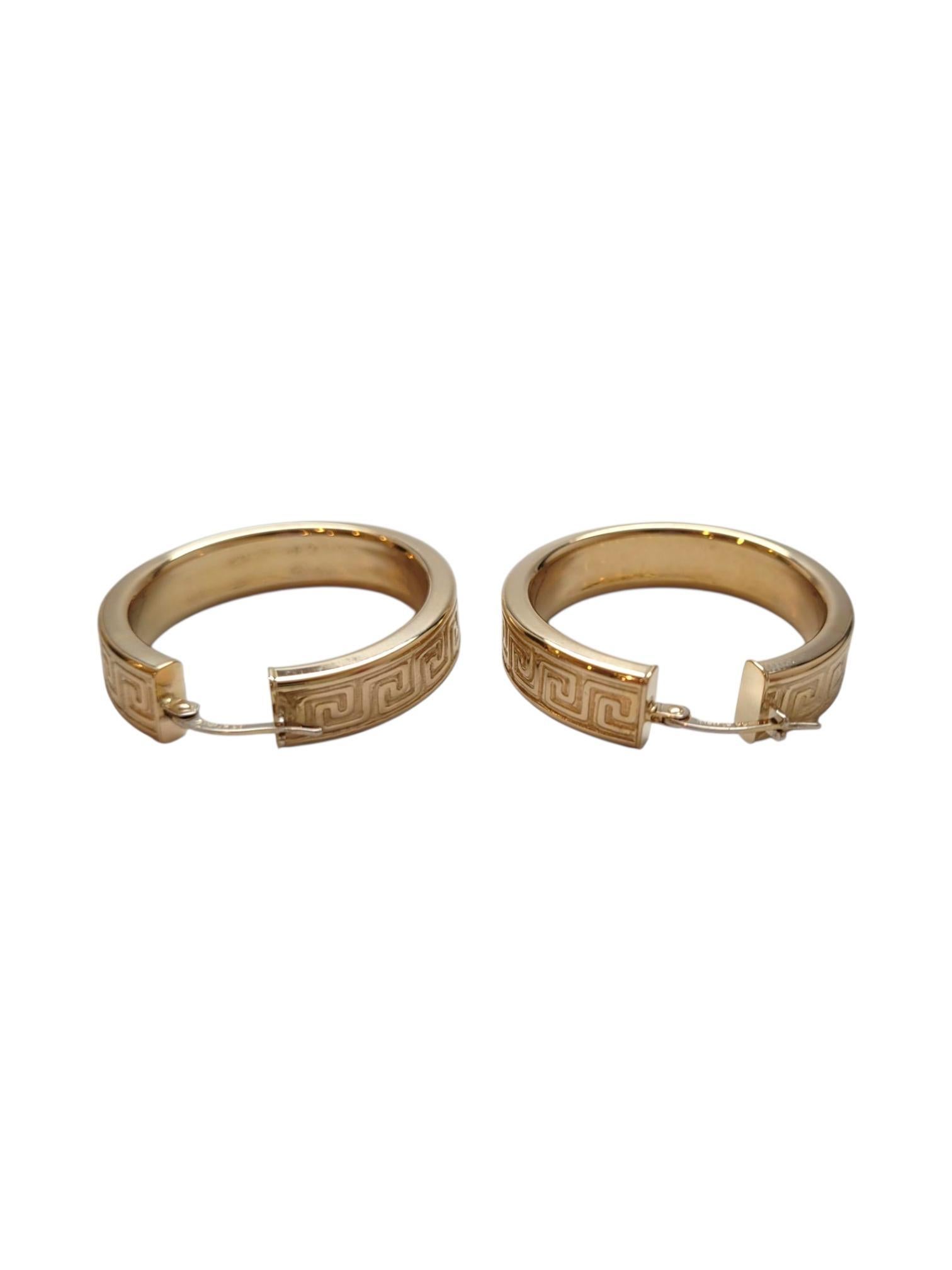 14K Yellow Gold Greek Key Hoop Earrings #21946 For Sale 1