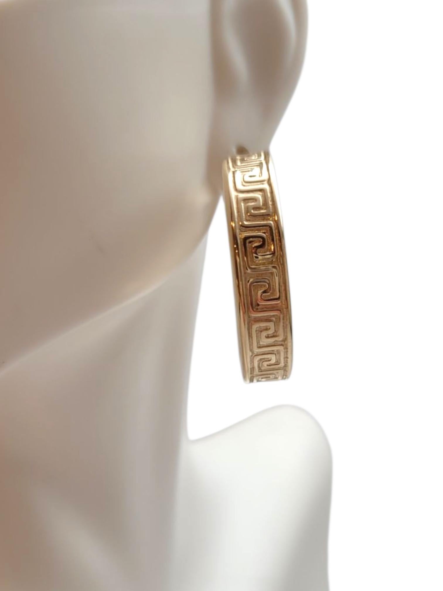 14K Yellow Gold Greek Key Hoop Earrings #21946 For Sale 4