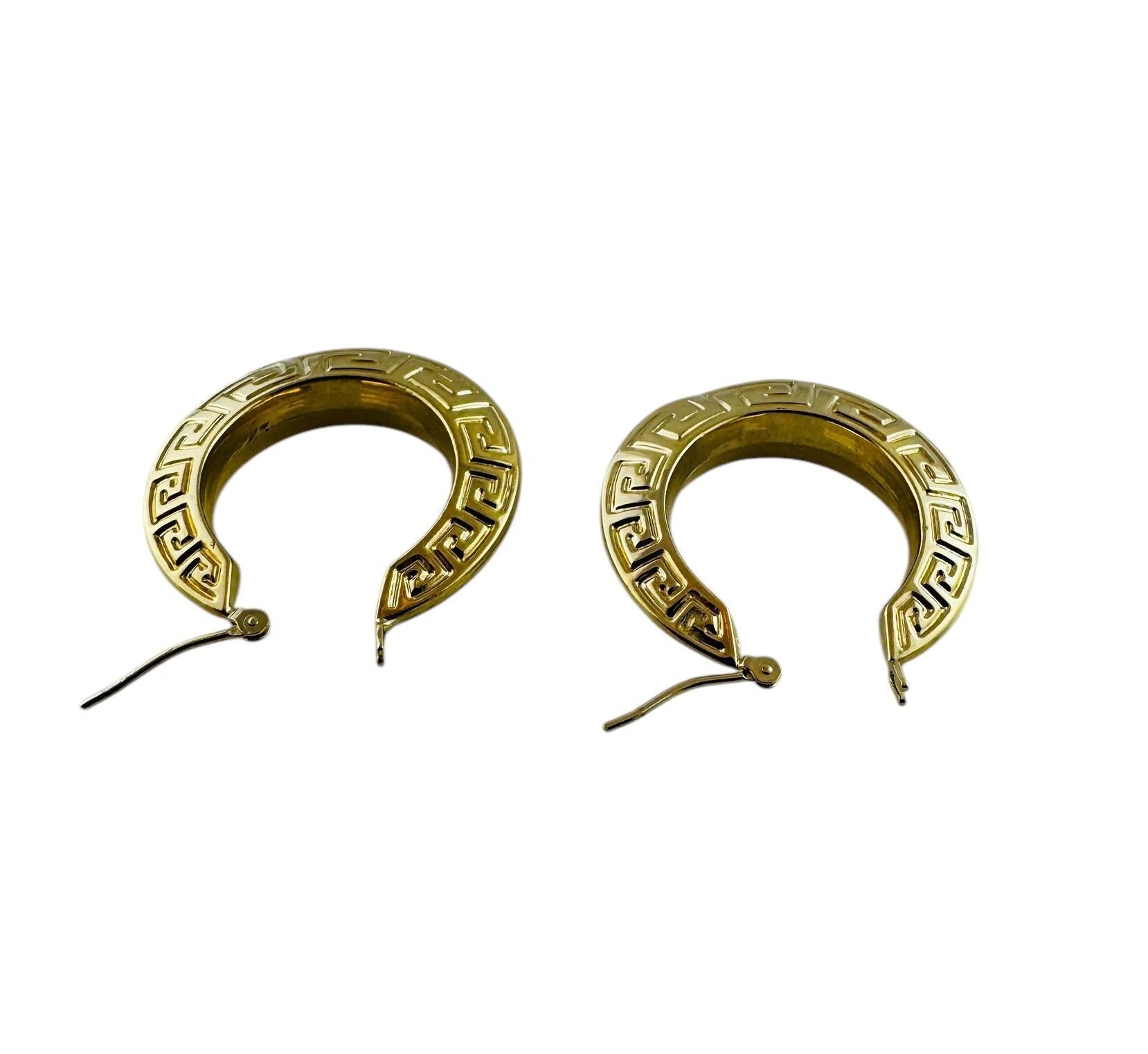 14K Yellow Gold Greek Key Patterned Hoop Earrings #20689 For Sale 1