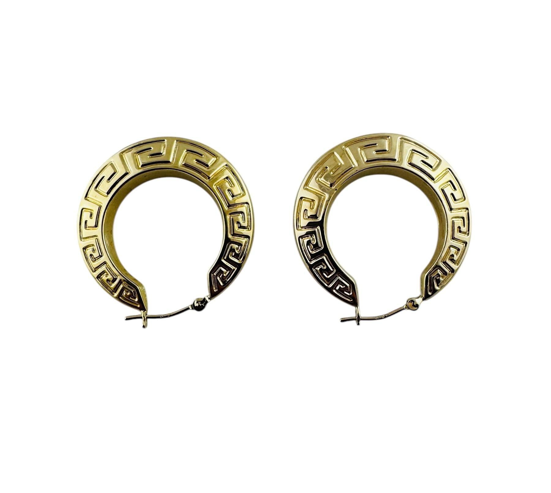 14K Yellow Gold Greek Key Patterned Hoop Earrings #20689 For Sale 2