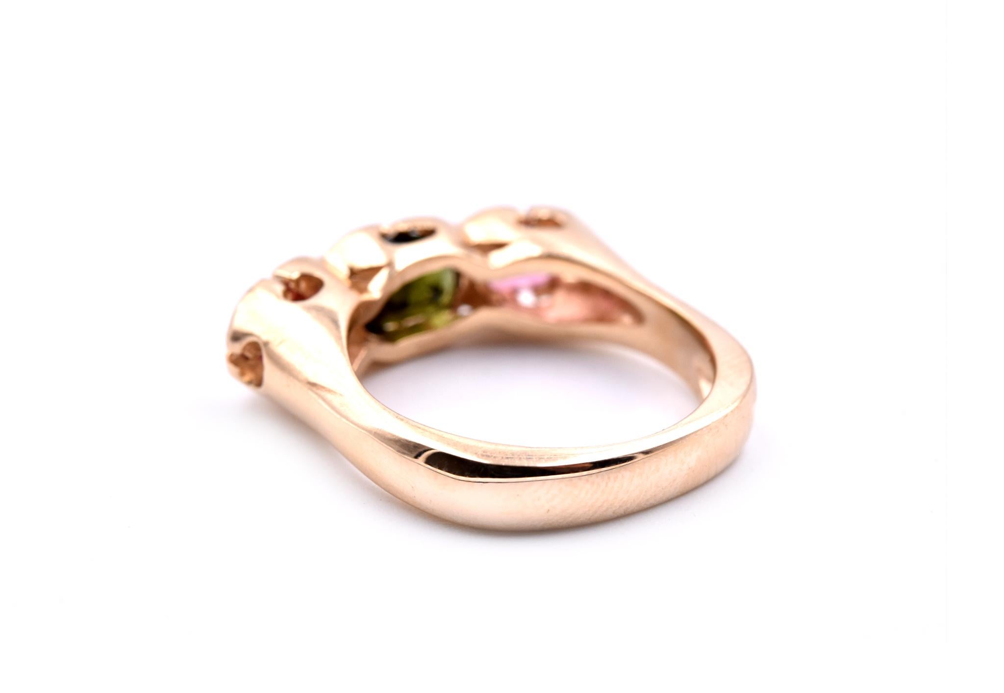 Women's 14 Karat Yellow Gold Green and Pink Tourmaline Ring