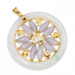 14k Yellow Gold Green and White Variegated Jadeite Jade Floral Pendant