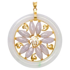 14k Yellow Gold Green and White Variegated Jadeite Jade Floral Pendant