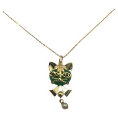 14K Yellow Gold Green Cat Character Pendant Necklace #25187