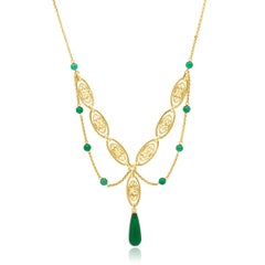 Collana in oro giallo 14K con calcedonio verde e filigrana, 15,75"