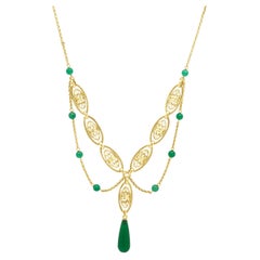 Collana in oro giallo 14K con calcedonio verde e filigrana, 15,75"