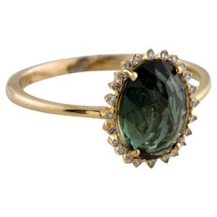 14K Yellow Gold Green Checkerboard Oval Tourmaline & Diamond Cocktail Ring Size