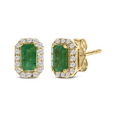 14K Yellow Gold Green Emerald and 1/8 Cttw Diamond Halo Stud Earrings