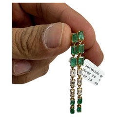 14k Yellow Gold Green Emerald And Diamond Dangling Earrings