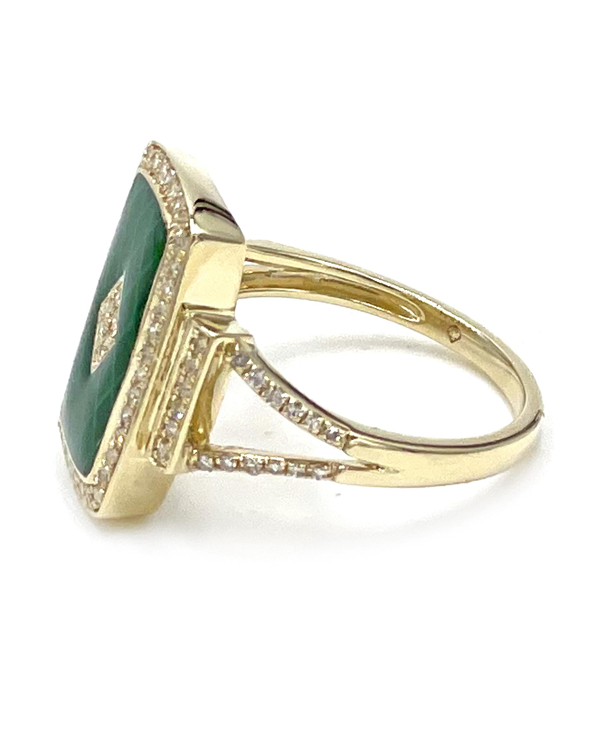14K yellow gold rectangular ring with 82 round single cut diamonds 0.22 carats total weight. The center is finished with green enamel.

* Finger size 6.5 (can be sized)
* Diamonds are H/I color, SI1 clarity.