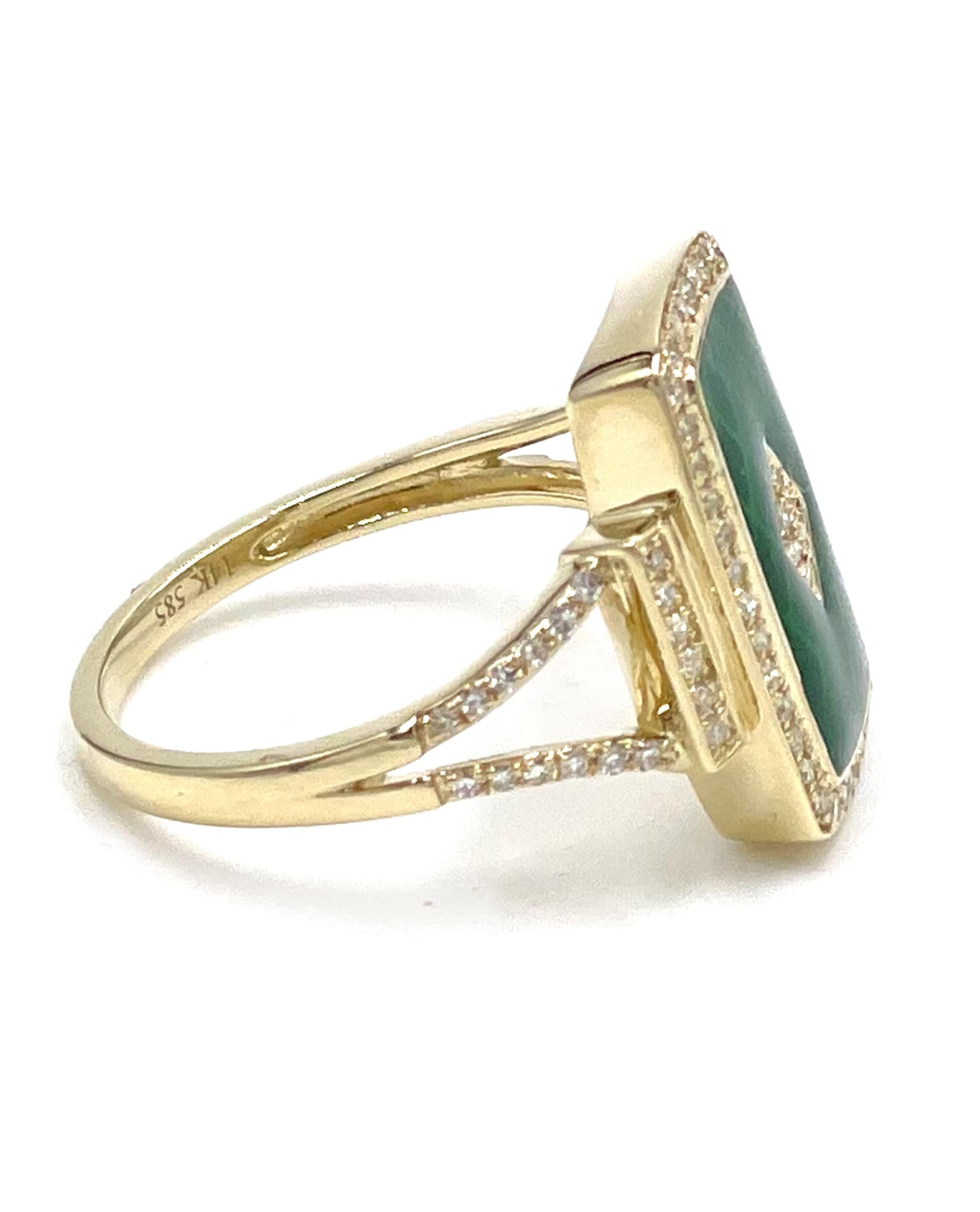 Round Cut 14k Yellow Gold Green Enamel and Diamond Fashion Ring For Sale