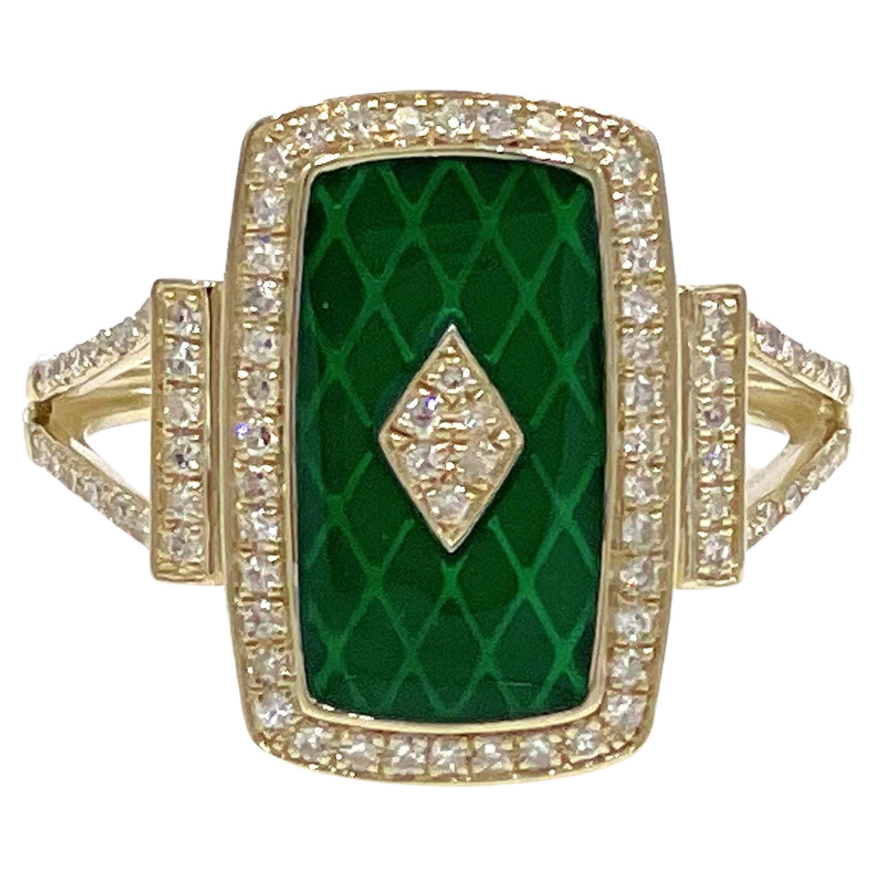 14k Yellow Gold Green Enamel and Diamond Fashion Ring For Sale