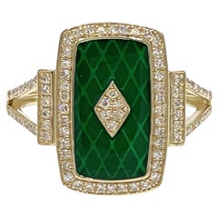 14k Yellow Gold Green Enamel and Diamond Fashion Ring