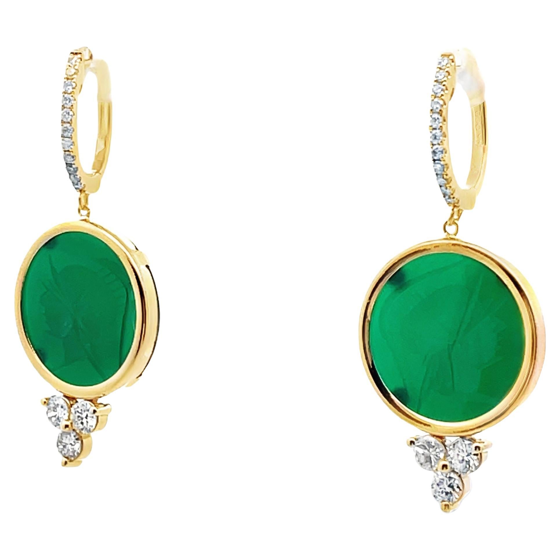 14K Yellow Gold Green Intaglios Earrings with Diamonds