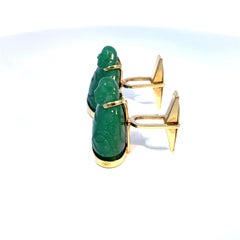 14k Yellow Gold Green Jade Buddha Cabochon Cufflinks