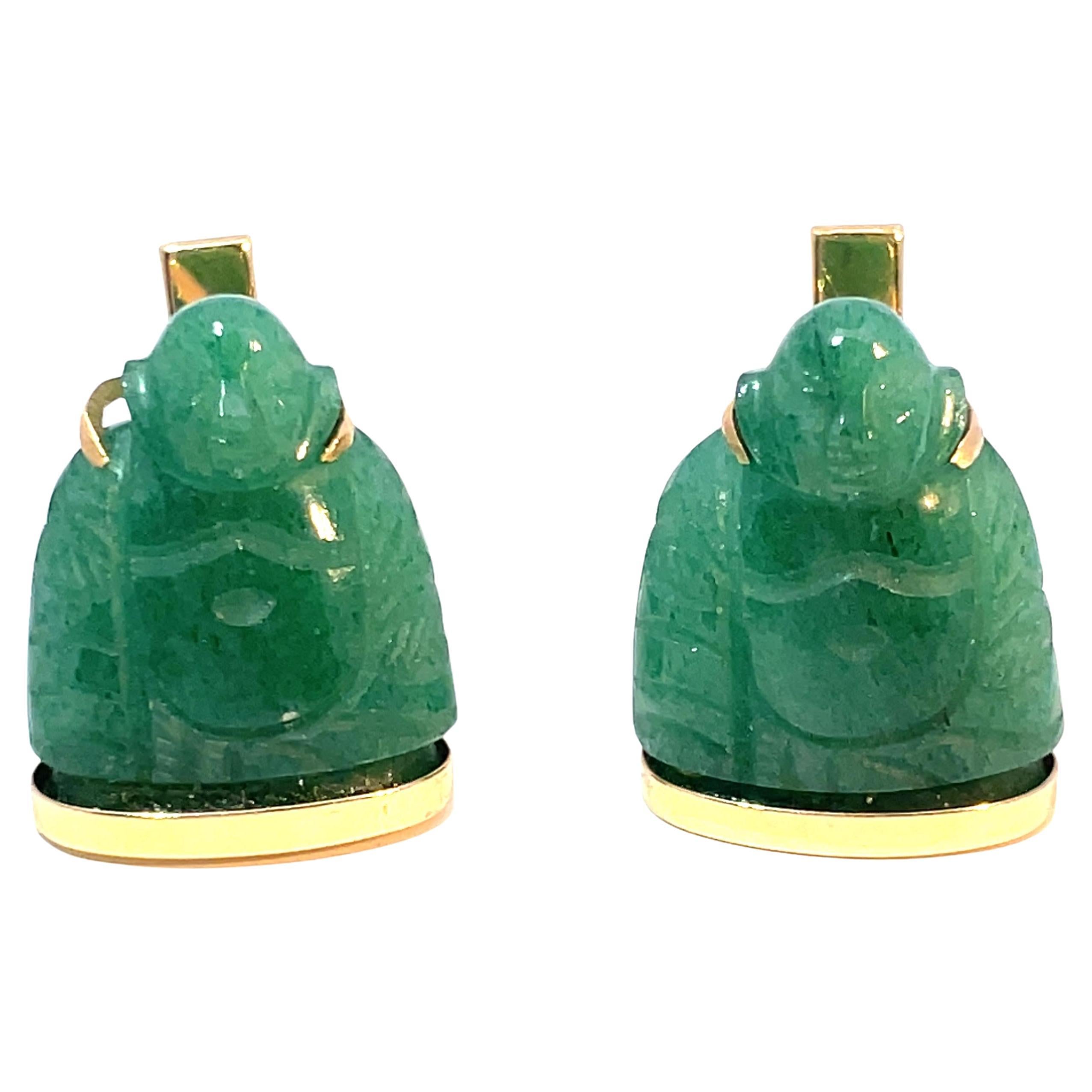 14k Yellow Gold Green Jade Buddha Cabochon Cufflinks