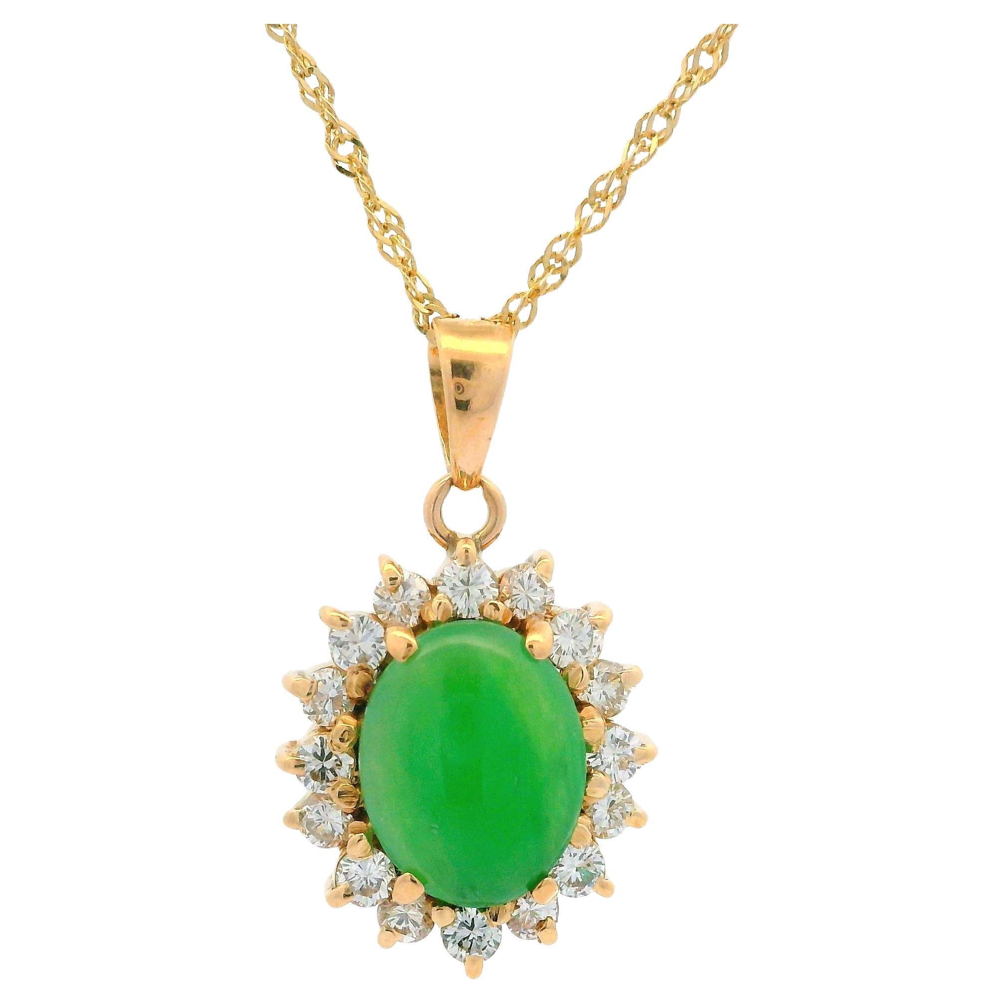 14k Yellow Gold Green Jade Diamond Halo Pendant W/ Fine Rope Chain Necklace