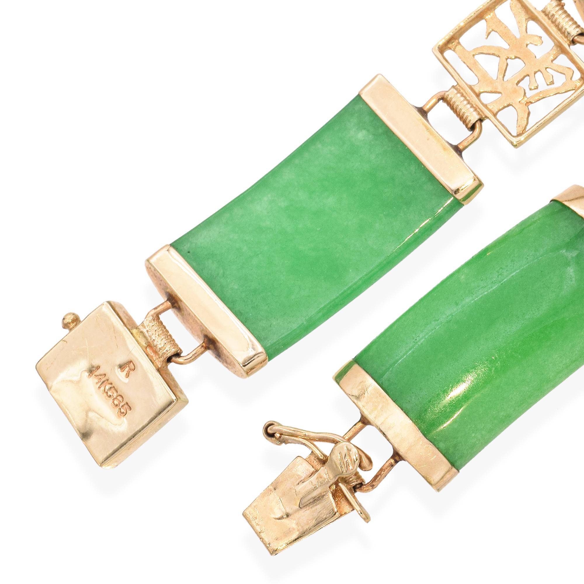 Bracelet à maillons en or jaune 14 carats et jade vert en vente 2