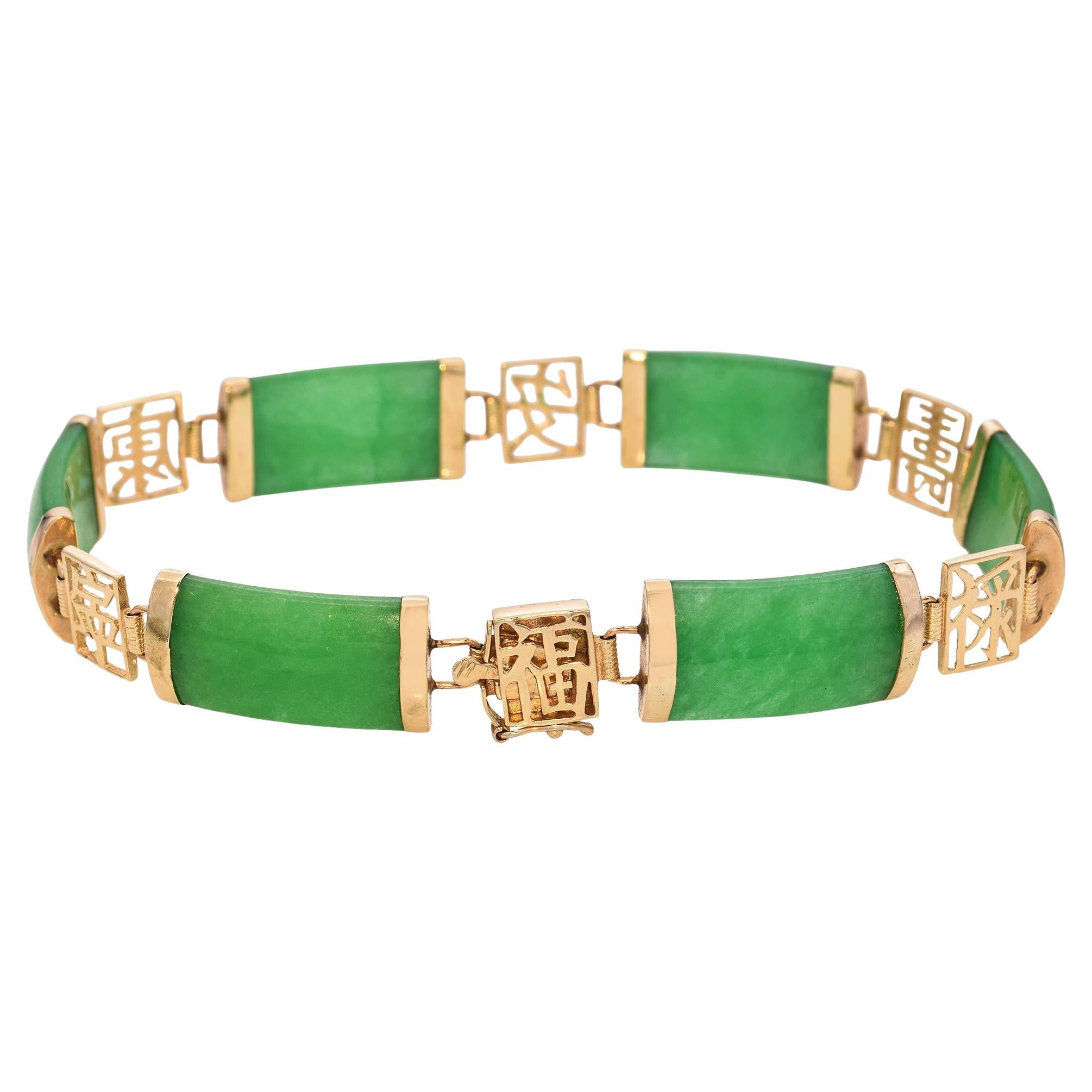 14k Yellow Gold Green Jade Link Bracelet