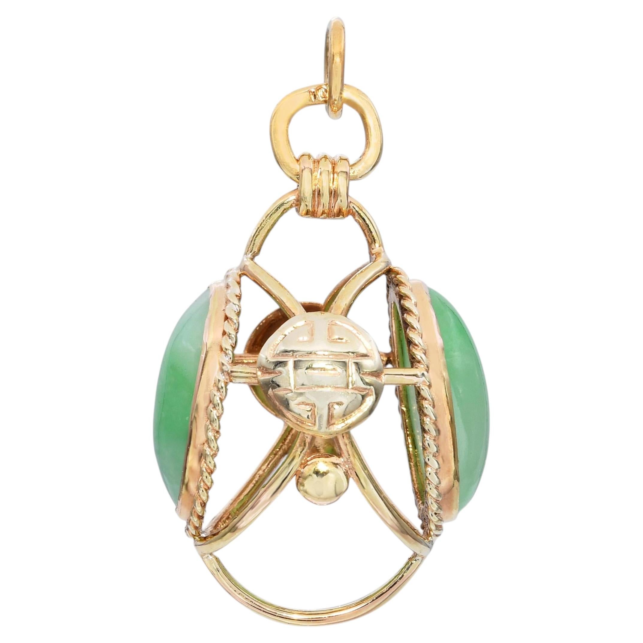 14K Yellow Gold Green Jade Orb Pendant with Openwork Cage Setting