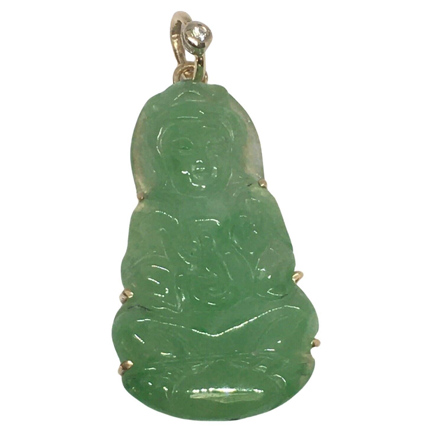 14k Yellow Gold Green Jadeite Jade Charm Pendant Hallmarked Diamond Buddha