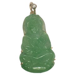 Retro 14k Yellow Gold Green Jadeite Jade Charm Pendant Hallmarked Diamond Buddha