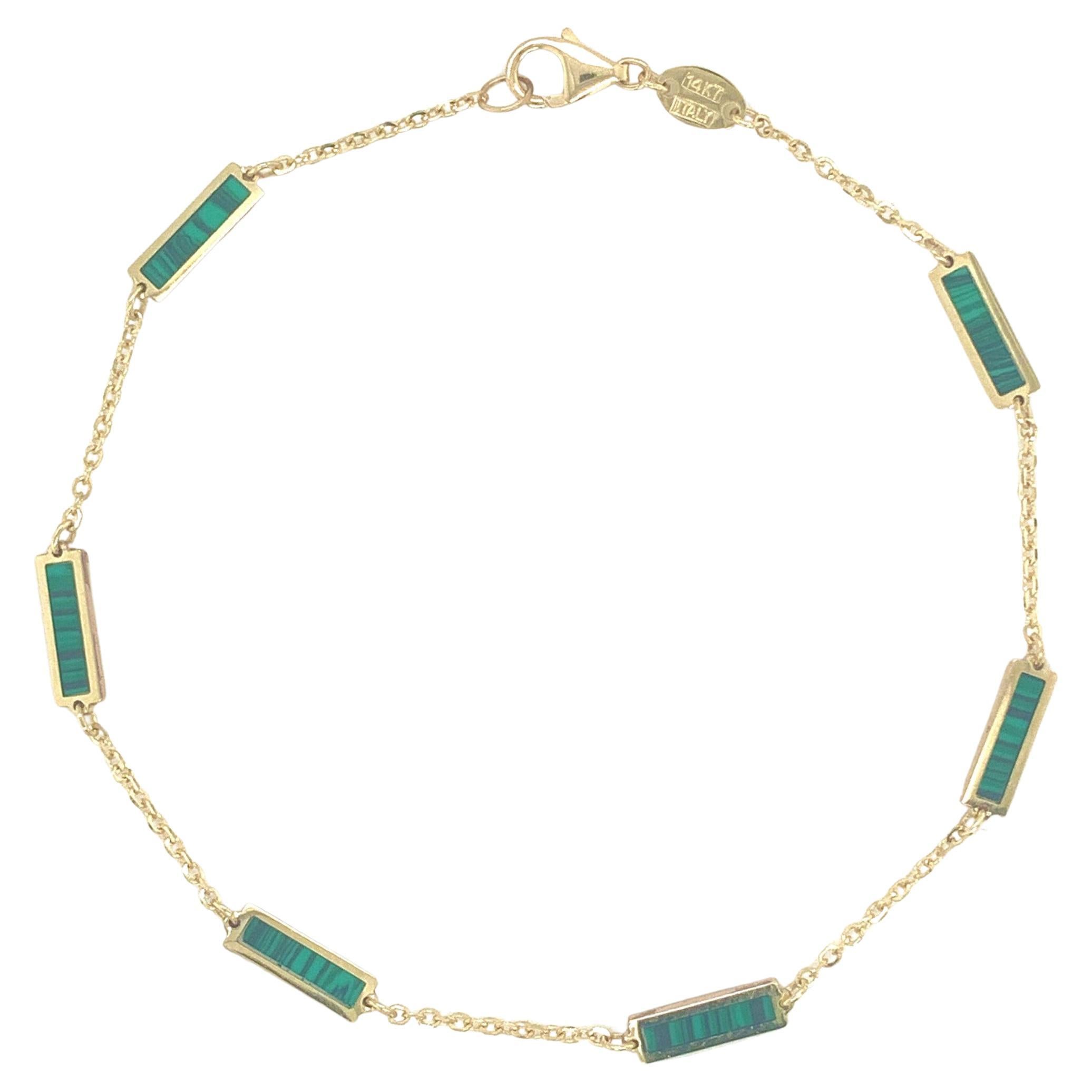 14k Yellow Gold & Green Malachite Inlay Station Bar Bracelet For Sale