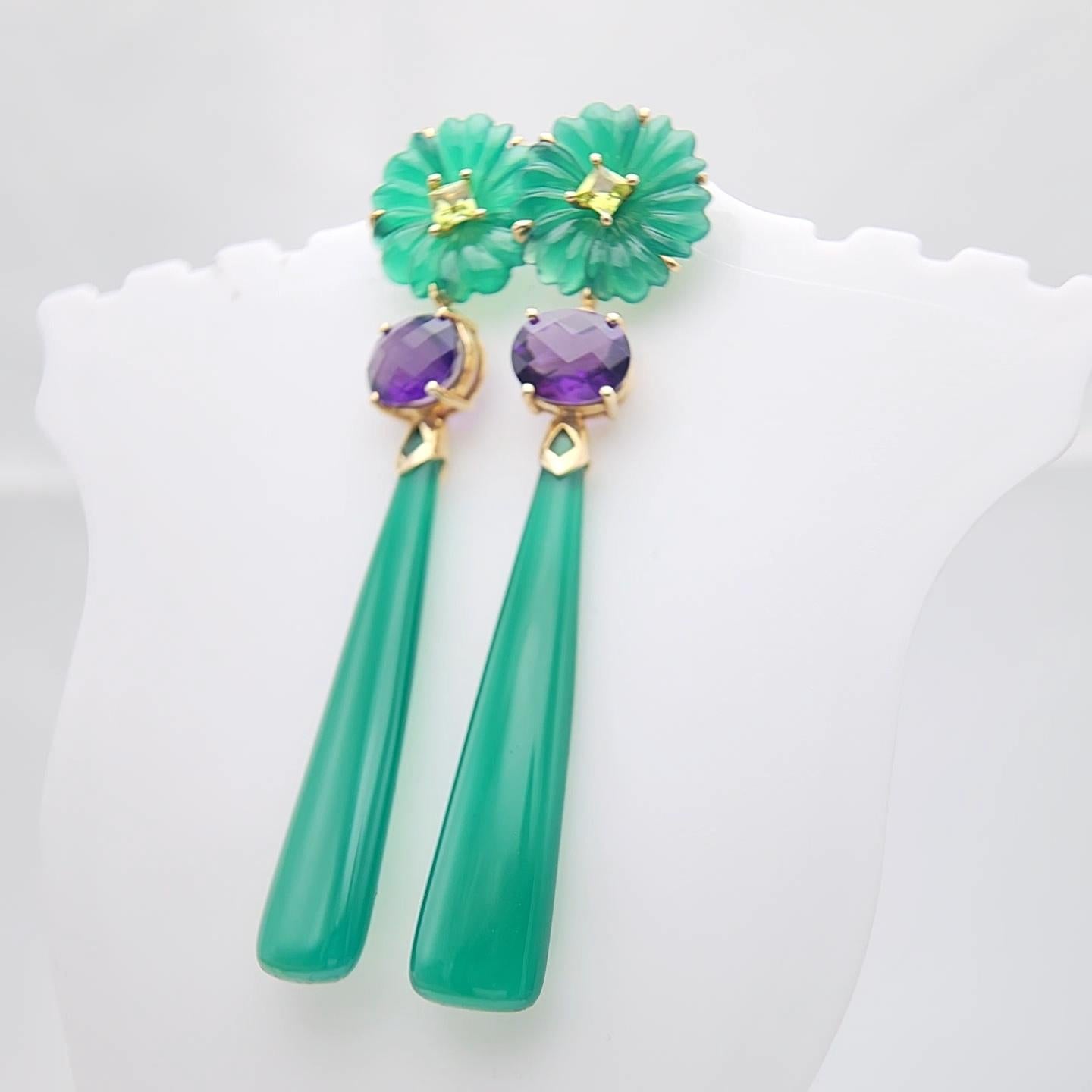 14K Yellow Gold Green Onyx Amethyst and peridot Earring. For Sale 4