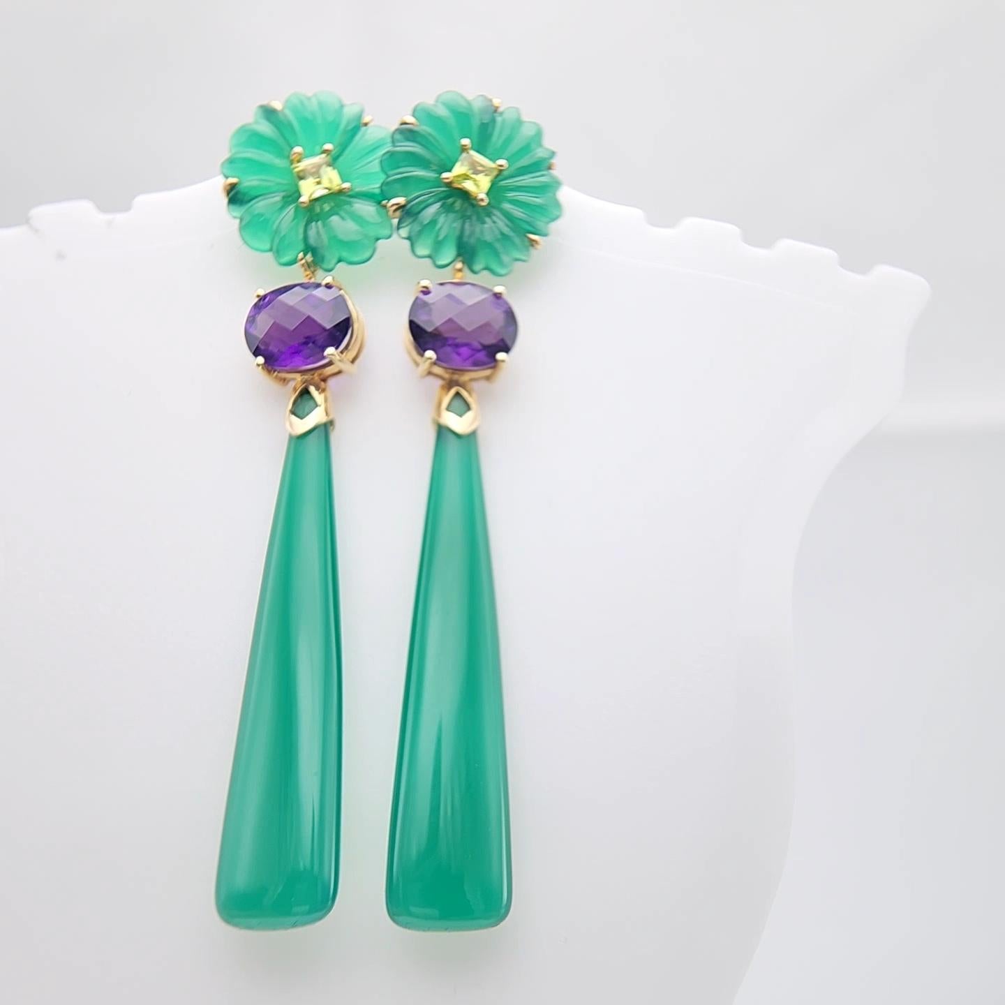 14K Yellow Gold Green Onyx Amethyst and peridot Earring. For Sale 5