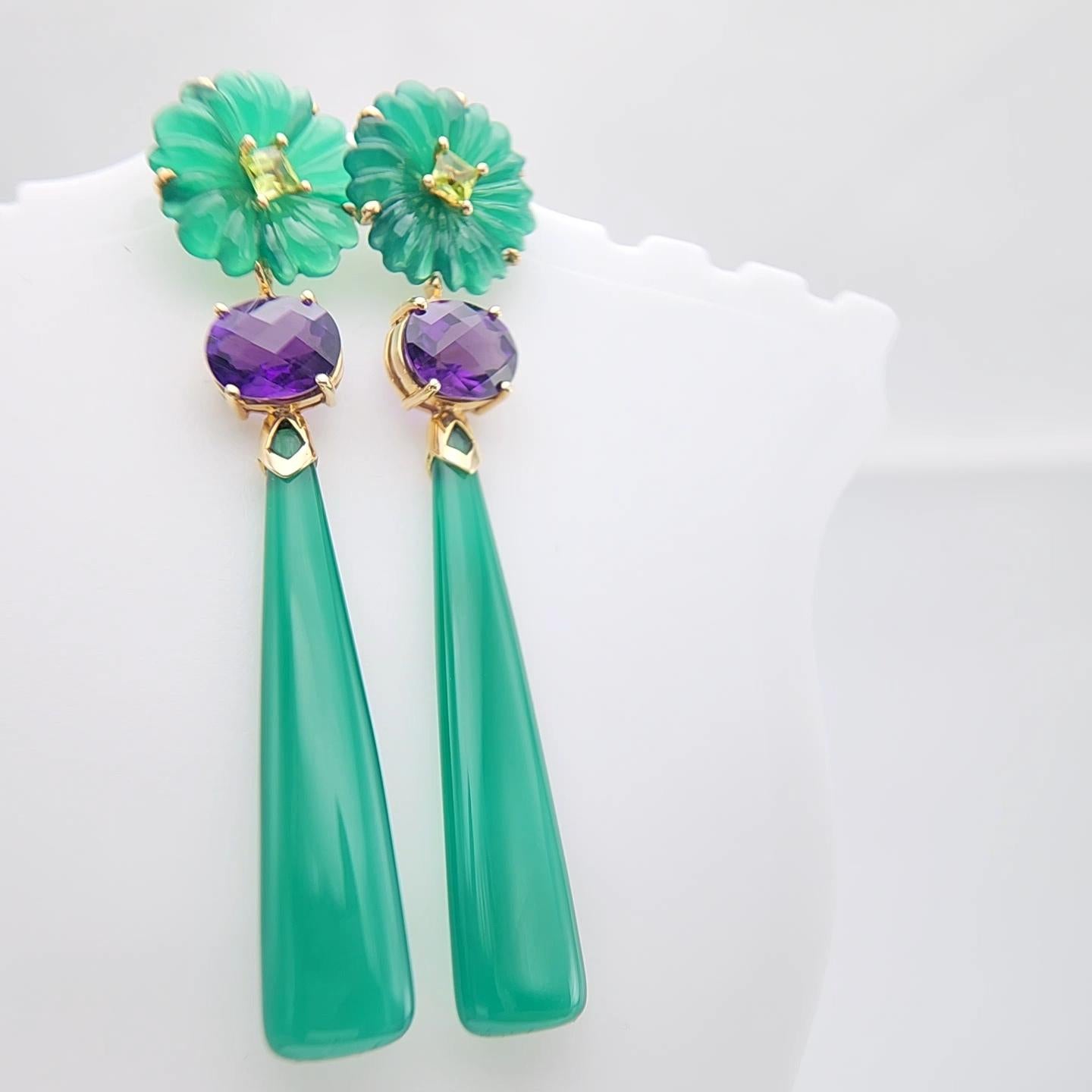 14K Yellow Gold Green Onyx Amethyst and peridot Earring. For Sale 6