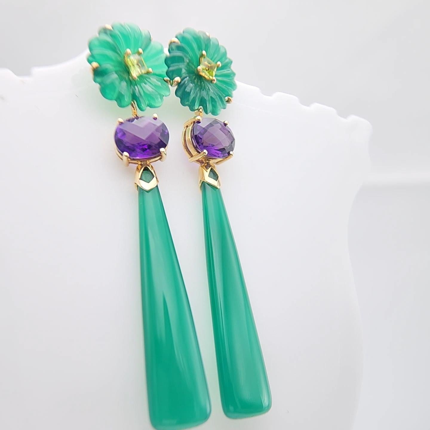 14K Yellow Gold Green Onyx Amethyst and peridot Earring. For Sale 7
