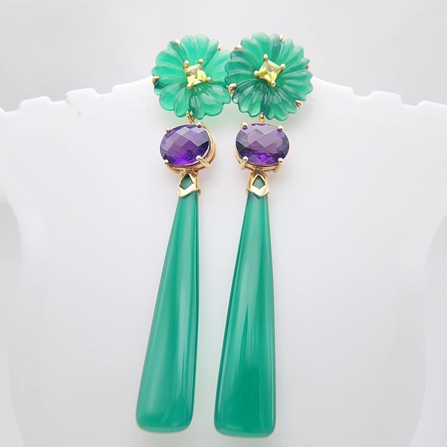 14K Yellow Gold Green Onyx Amethyst and peridot Earring. For Sale 8
