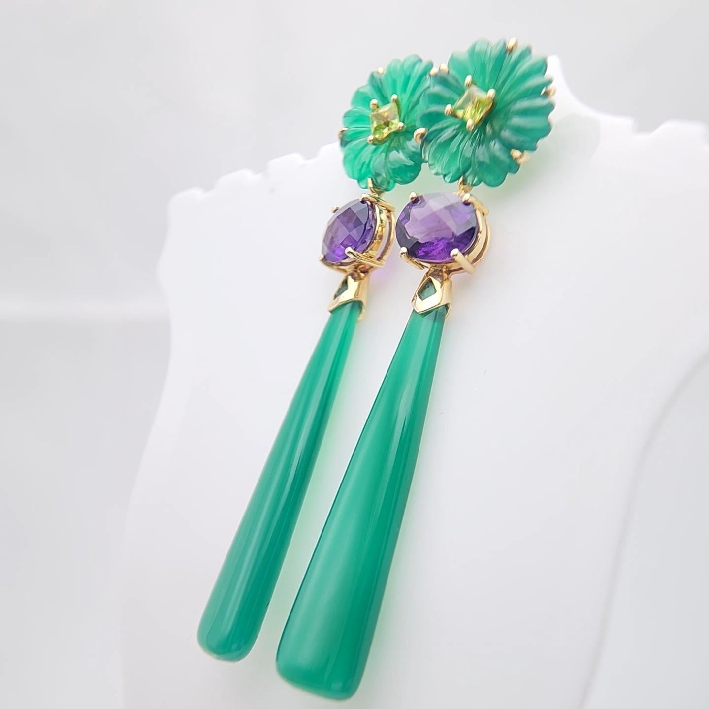 14K Yellow Gold Green Onyx Amethyst and peridot Earring. For Sale 9