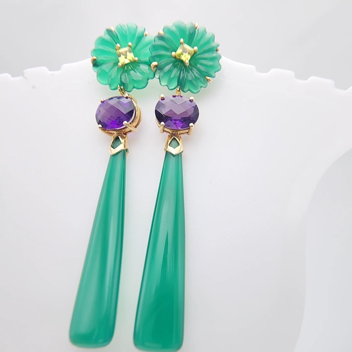 14K Yellow Gold Green Onyx Amethyst and peridot Earring. For Sale 10