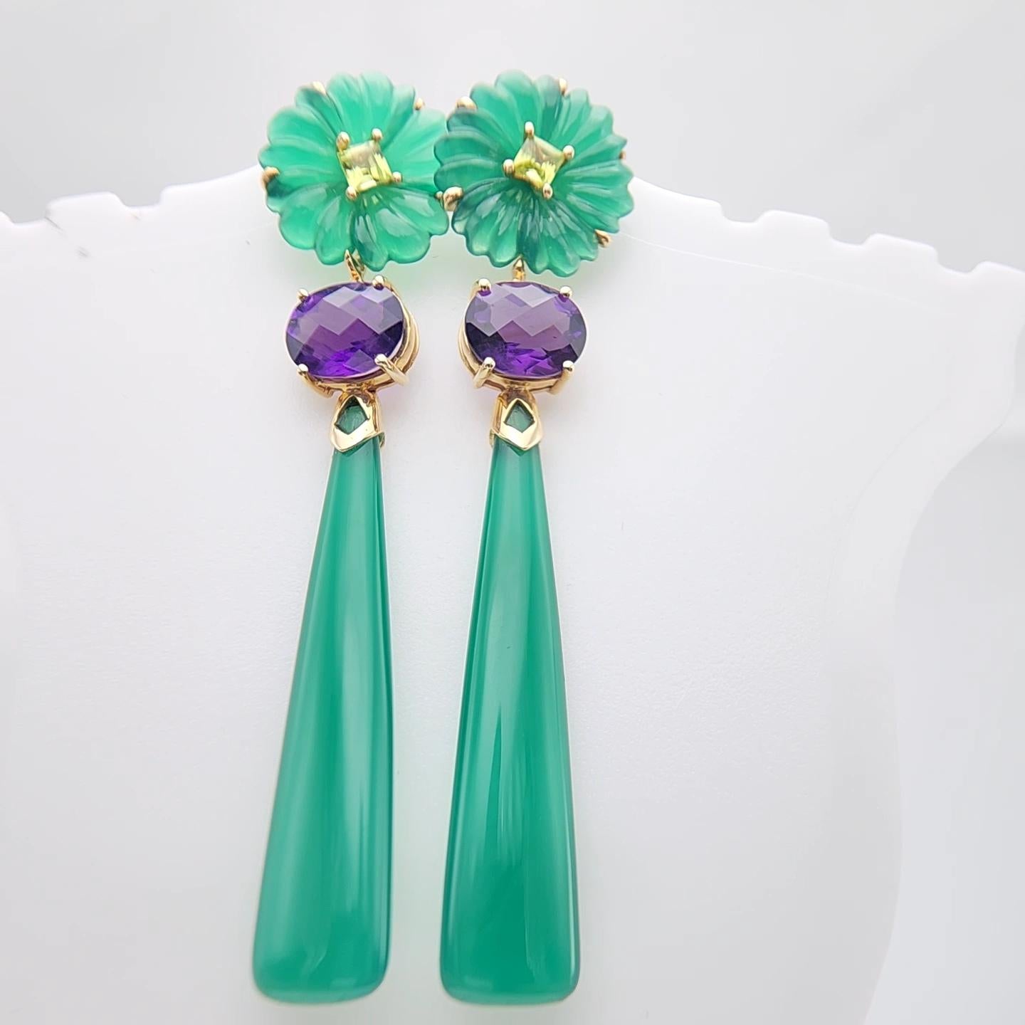14K Yellow Gold Green Onyx Amethyst and peridot Earring. For Sale 11