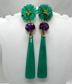 14K Yellow Gold Green Onyx Amethyst and peridot Earring.
