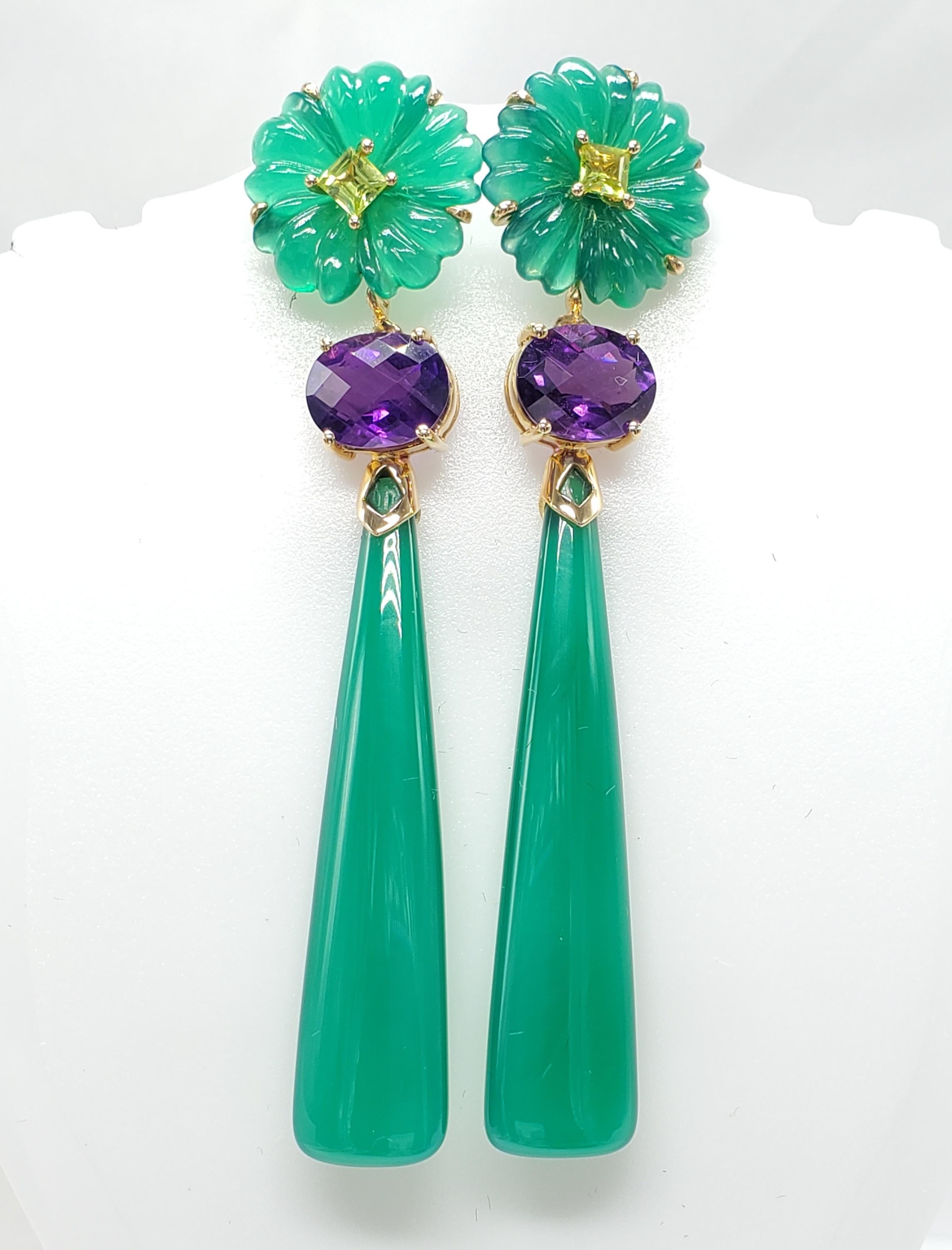 Artisan 14K Yellow Gold Green Onyx Amethyst and peridot Earring. For Sale