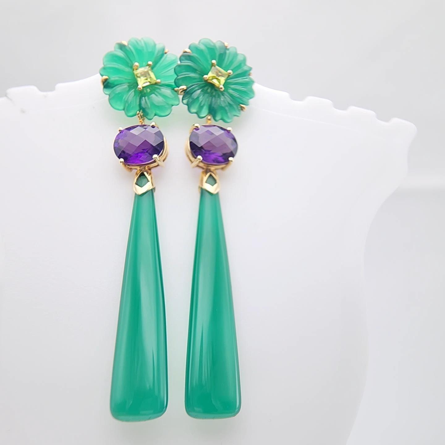 14K Yellow Gold Green Onyx Amethyst and peridot Earring. In New Condition For Sale In Brooklyn, NY