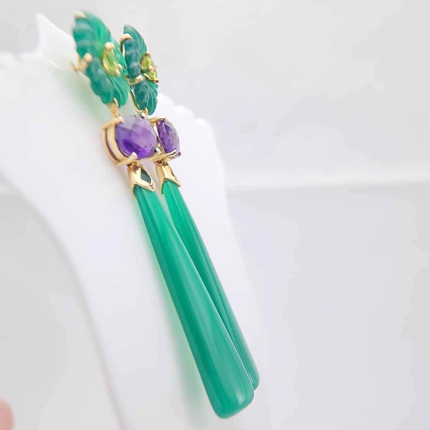 14K Yellow Gold Green Onyx Amethyst and peridot Earring. For Sale 1