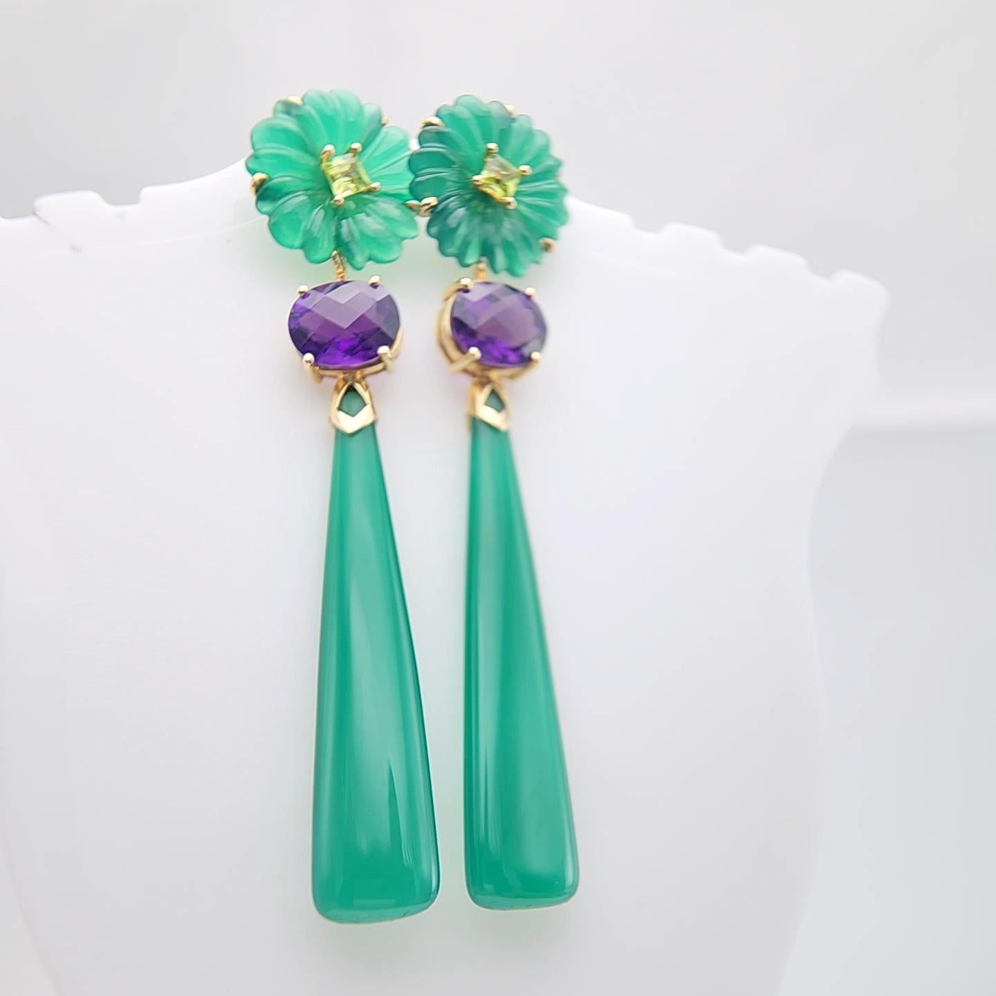14K Yellow Gold Green Onyx Amethyst and peridot Earring. For Sale 2