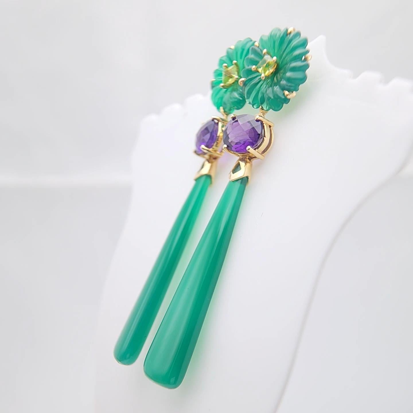 14K Yellow Gold Green Onyx Amethyst and peridot Earring. For Sale 3