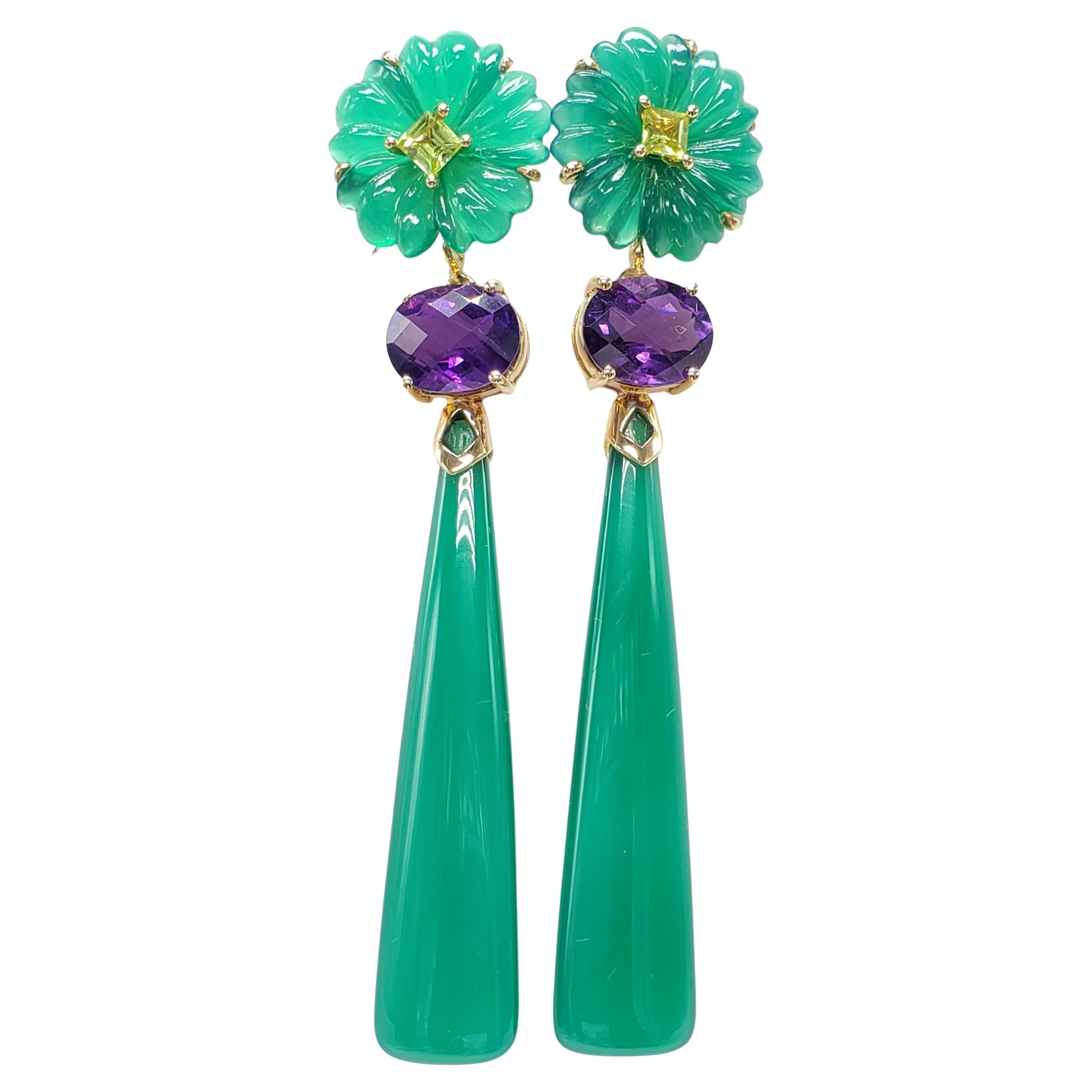 14K Yellow Gold Green Onyx Amethyst and peridot Earring.