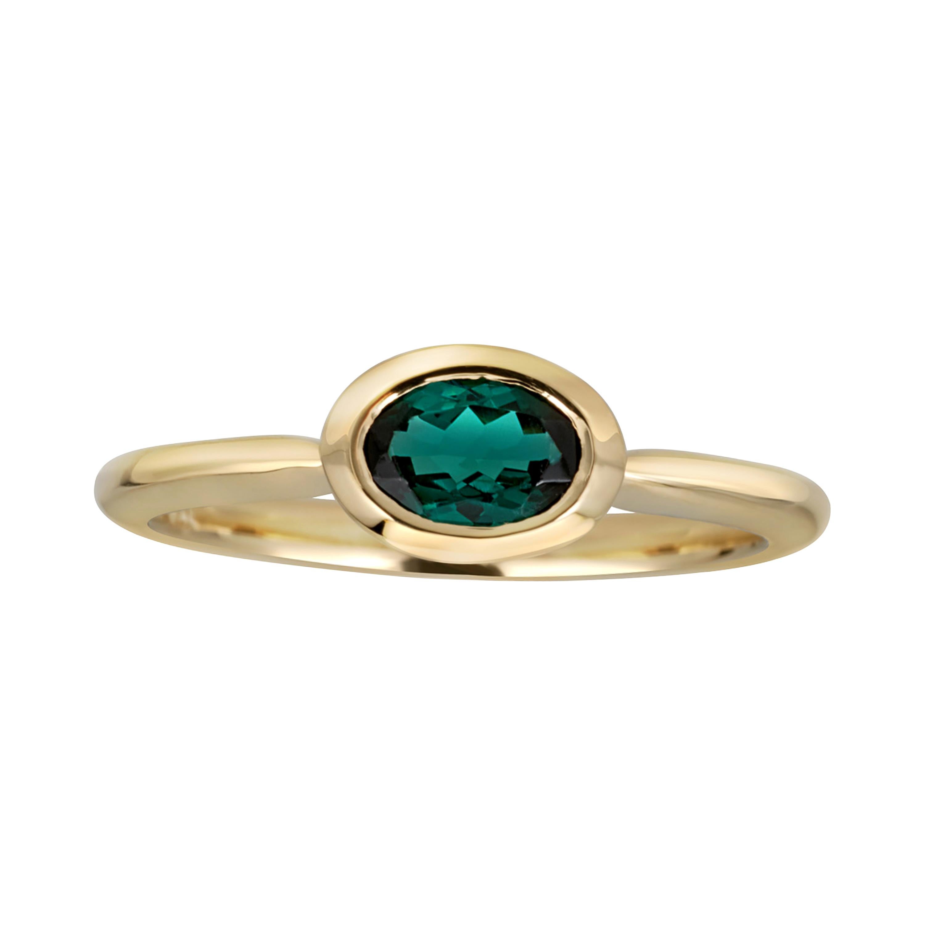 14k Yellow Gold Green Oval Tourmaline East West Horizontal Ring