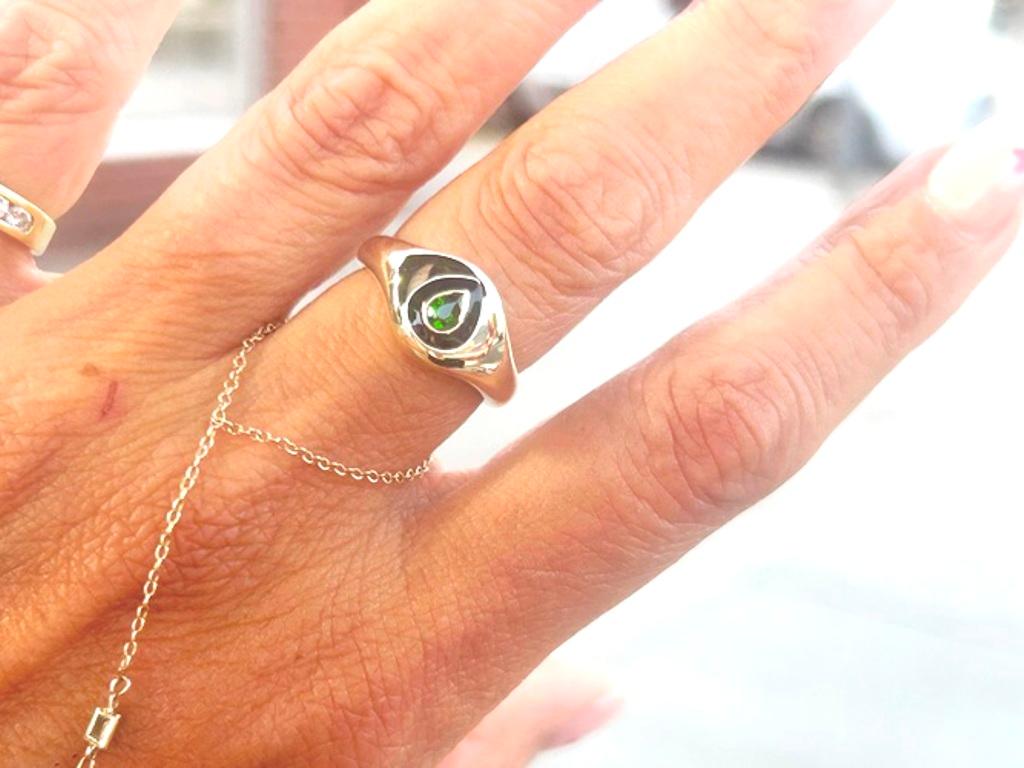 Pear Cut 14K Yellow Gold Green Peridot & Black Enamel Signet Ring 0.18 Carats For Sale