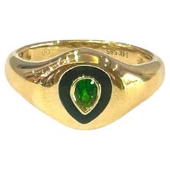 14 Karat Gelbgold Siegelring mit grünem Peridot und schwarzer Emaille, 0,18 Karat