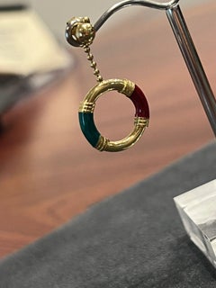 14K Yellow Gold, Green & Red Enamel Circular Vintage Drop (Pendant) Earrings