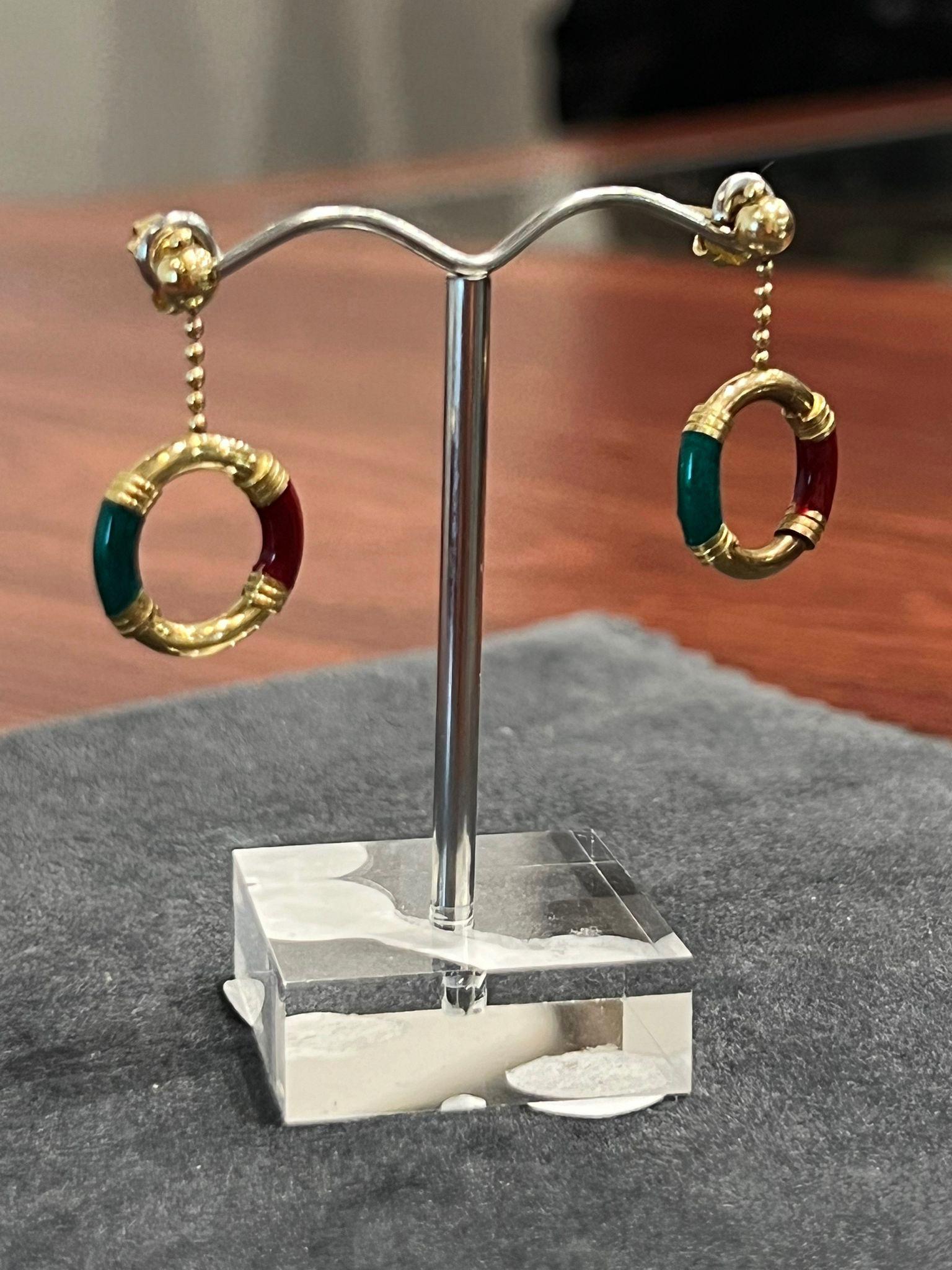 14K Gelbgold, grüne & rote Emaille Runde Vintage-Ohrringe (Anhänger) Damen im Angebot