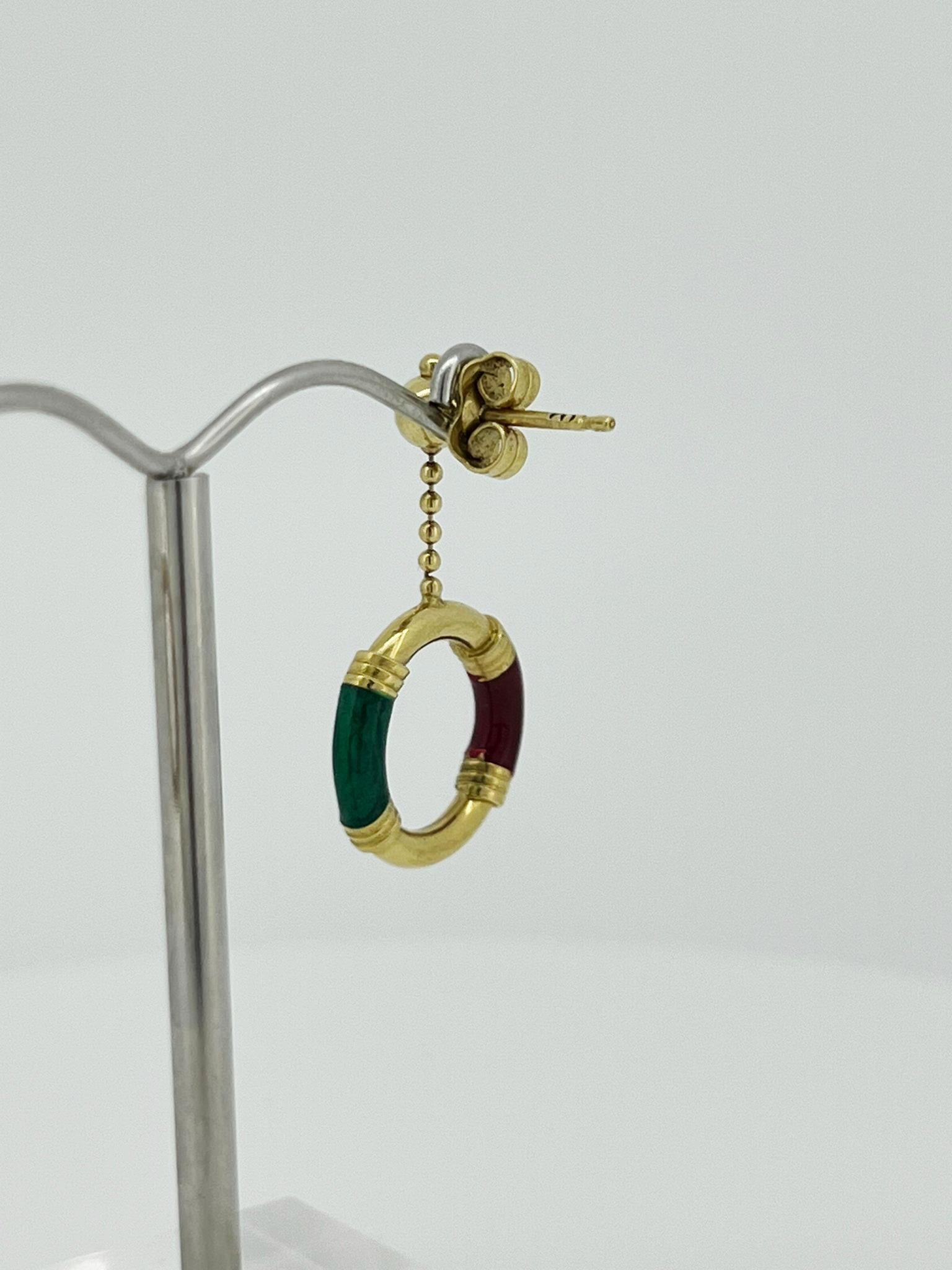 14K Gelbgold, grüne & rote Emaille Runde Vintage-Ohrringe (Anhänger) im Angebot 1