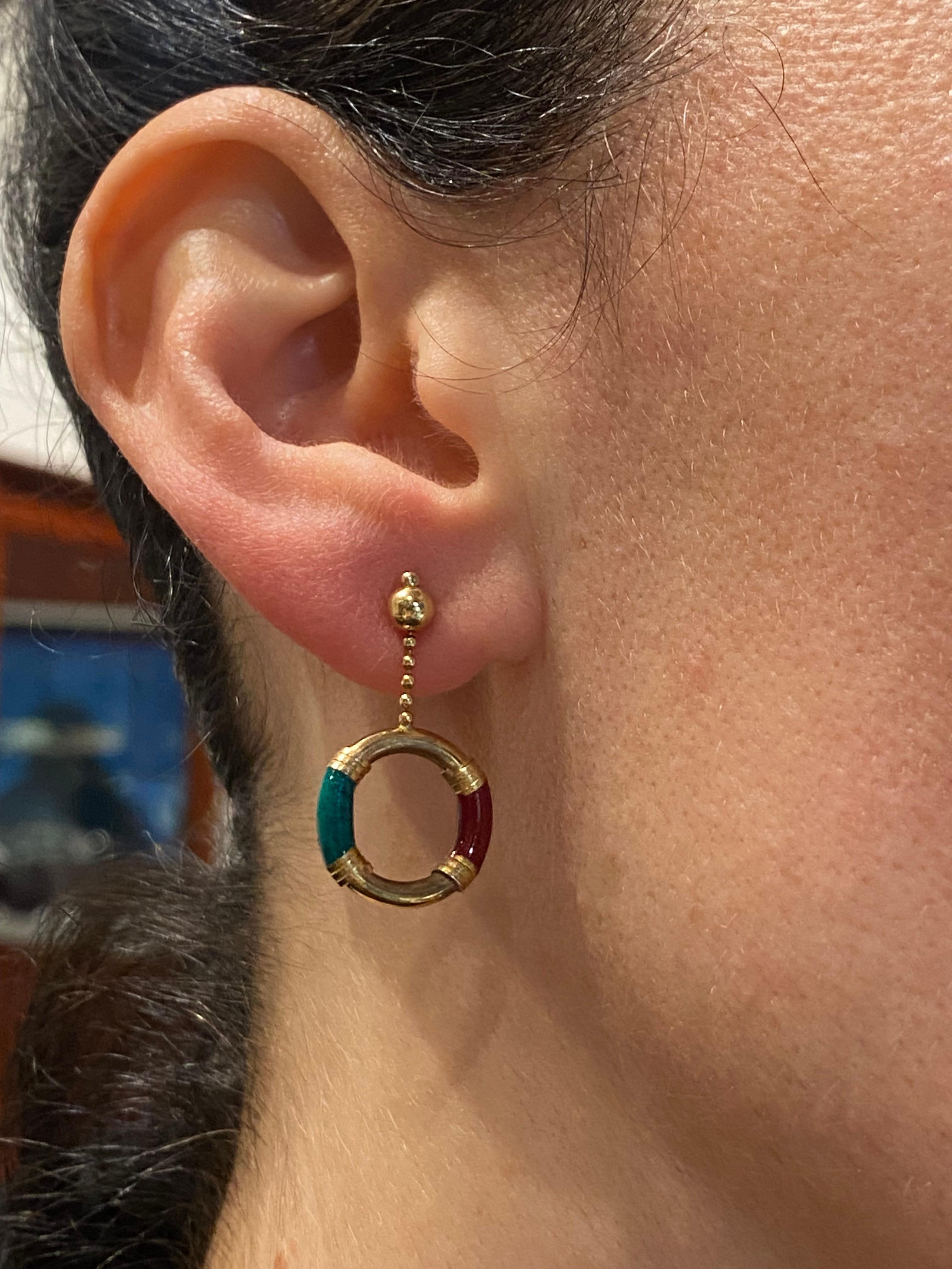 14K Gelbgold, grüne & rote Emaille Runde Vintage-Ohrringe (Anhänger) im Angebot 2